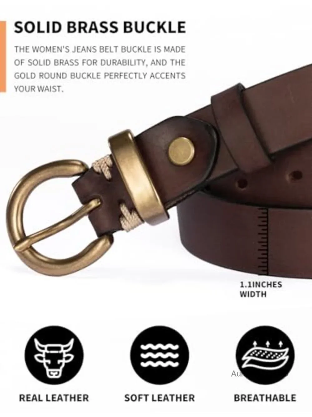 Women's Genuine Leather Belt Solid Brass Buckle 1.1